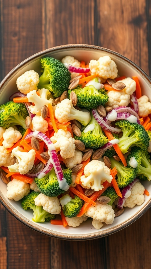 Cauliflower and Broccoli Salad Recipe A colorful cauliflower and broccoli salad with carrots and red onion, topped with sunflower seeds on a wooden table.